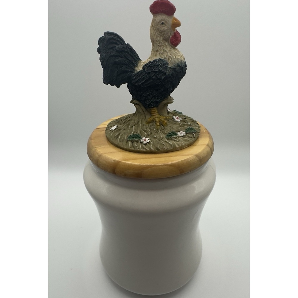 Vintage SEi Ceramic Canister Jar w/ Wooden Lid & Resin Rooster Farmhouse Kitchen - Picture 3 of 9